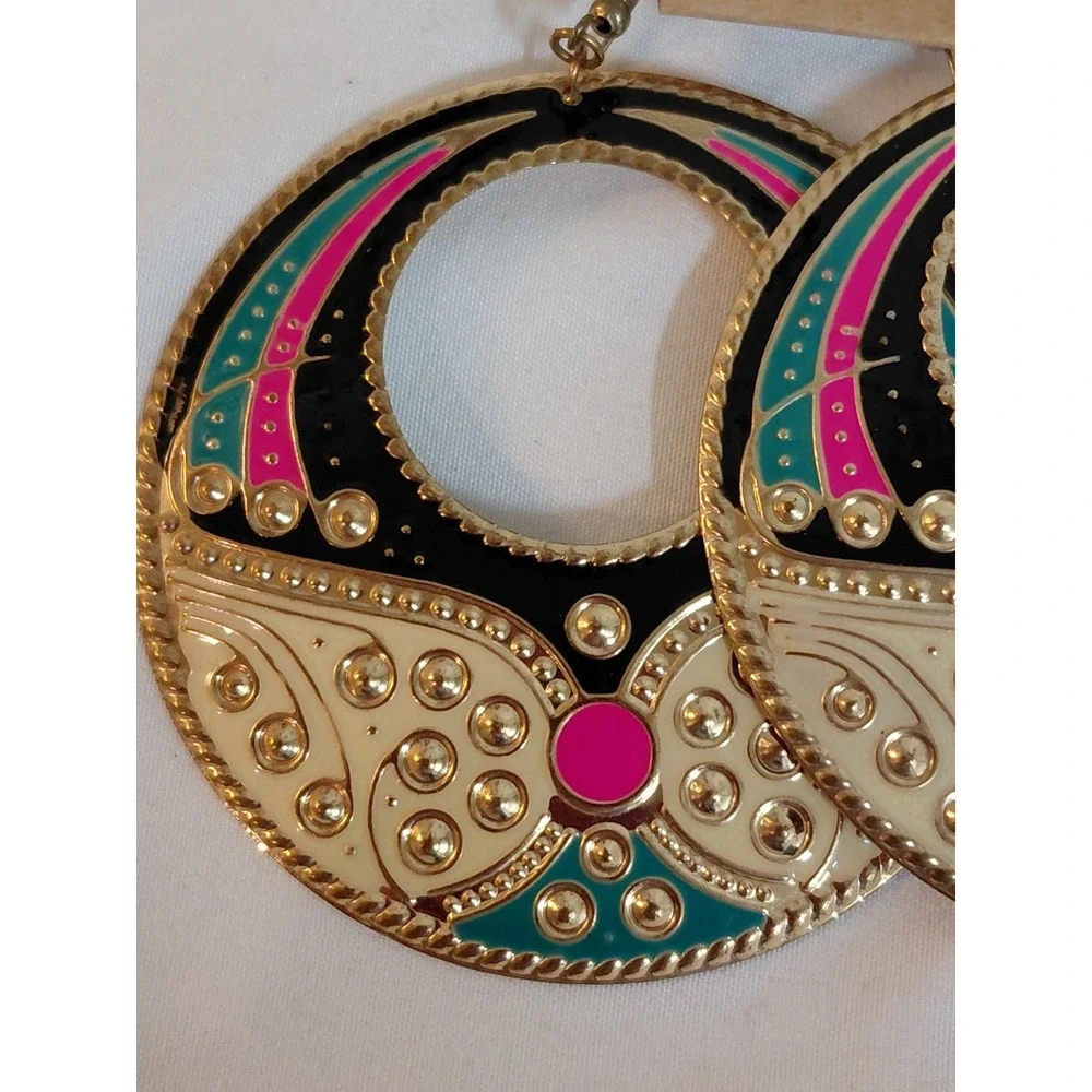 Large Gold Tone Enamel Statement Earrings Black Pink Turquoise Cream Dangle